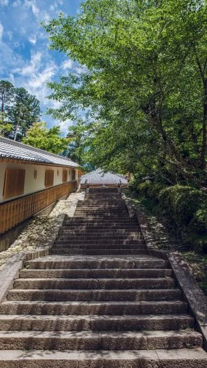 無料スマホ壁紙 丹生大師の階段から見上げる。AndroidとiPhoneに対応した4K高画質の無料待ち受け画像。三重県多気町の丹生大師（丹生山神宮寺）で撮影したフリー写真素材