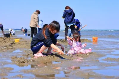 無料壁紙 潮干狩りに奮闘する親子。PCとデスクトップ壁紙に最適な4K高画質の無料壁紙。三重県津市の御殿場海岸で撮影したフリー写真素材