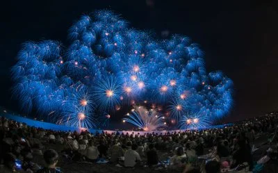 無料壁紙 青色の彩色千輪菊。PCとデスクトップ壁紙に最適な4K高画質の無料壁紙。三重県津市の津花火大会で撮影したフリー写真素材