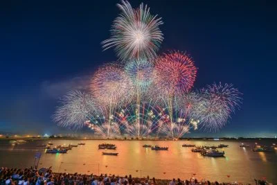 無料壁紙 虹色に輝く連発花火。PCとデスクトップ壁紙に最適な4K高画質の無料壁紙。三重県桑名市の桑名水郷花火大会で撮影したフリー写真素材