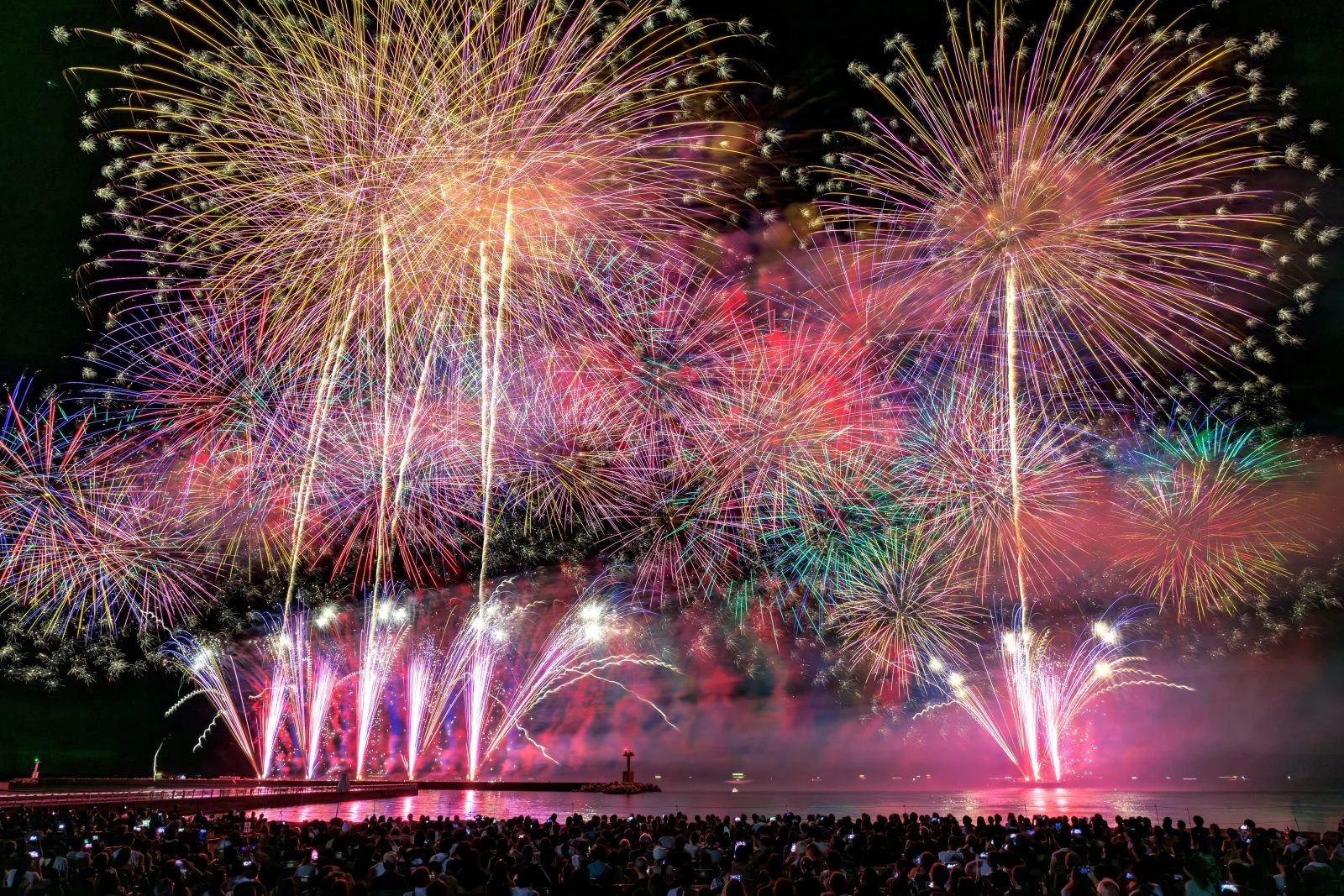 無料壁紙 賑やかな連発花火。PCとデスクトップ壁紙に最適な4K高画質の無料壁紙。三重県鈴鹿市の鈴鹿げんき花火大会で撮影したフリー写真素材