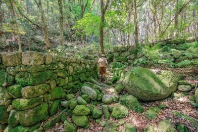 無料壁紙 集落跡の遊歩道を歩くツアーガイドさん。PCとデスクトップ壁紙に最適な4K高画質の無料壁紙。三重県尾鷲市の盛松で撮影したフリー写真素材