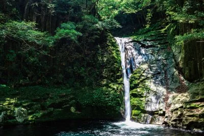 無料壁紙 木漏れ日に輝く布曳滝。PCとデスクトップ壁紙に最適な4K高画質の無料壁紙。三重県名張市の赤目四十八滝で撮影したフリー写真素材