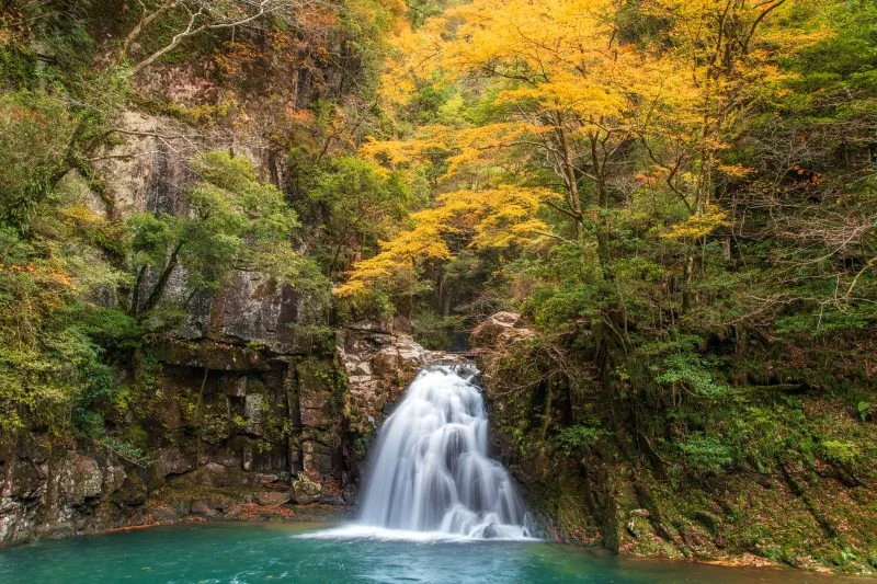 無料壁紙 紅葉する千手滝。PCとデスクトップ壁紙に最適な4K高画質の無料壁紙。三重県名張市の赤目四十八滝で撮影したフリー写真素材