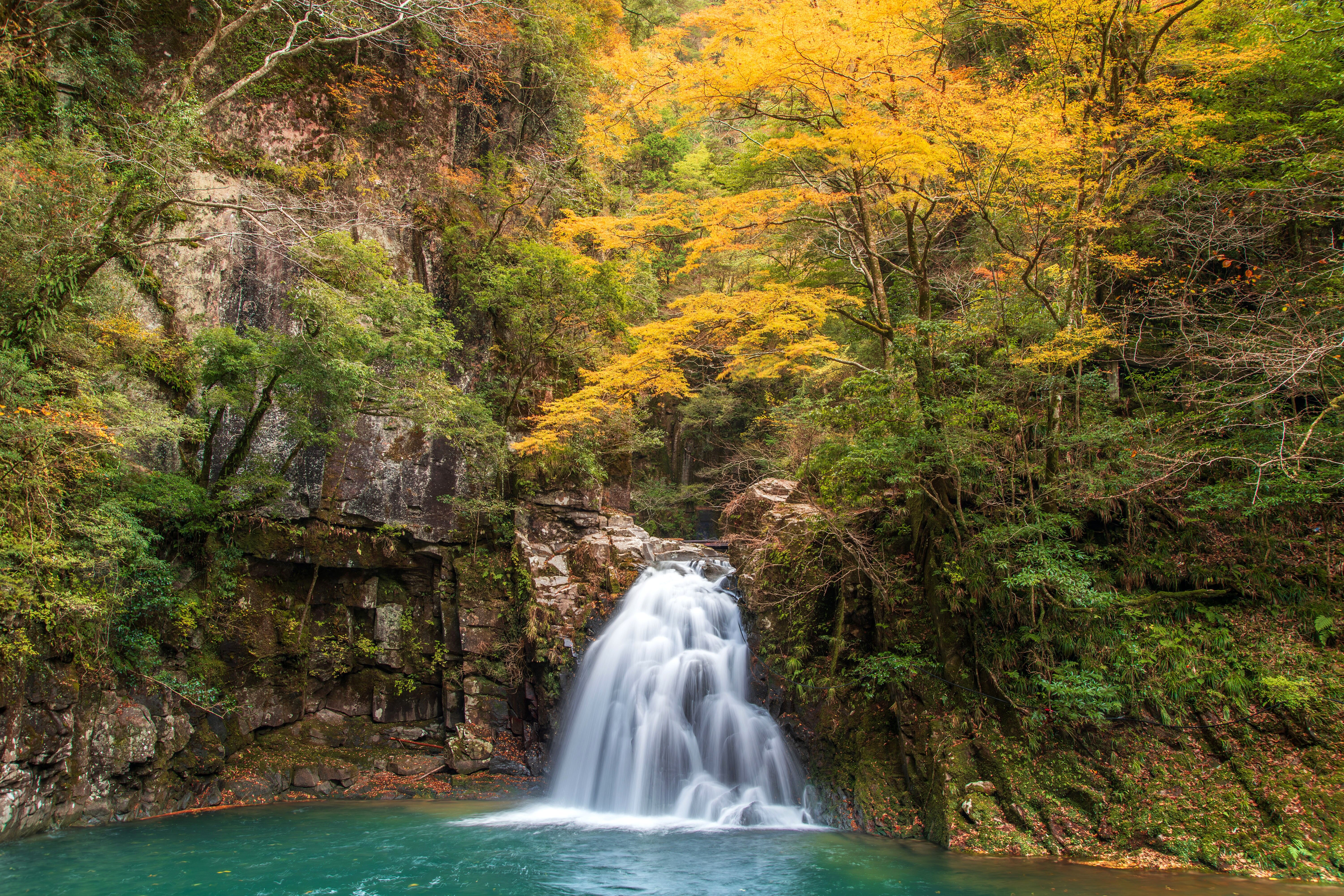 無料壁紙 紅葉する千手滝。PCとデスクトップ壁紙に最適な4K高画質の無料壁紙。三重県名張市の赤目四十八滝で撮影したフリー写真素材