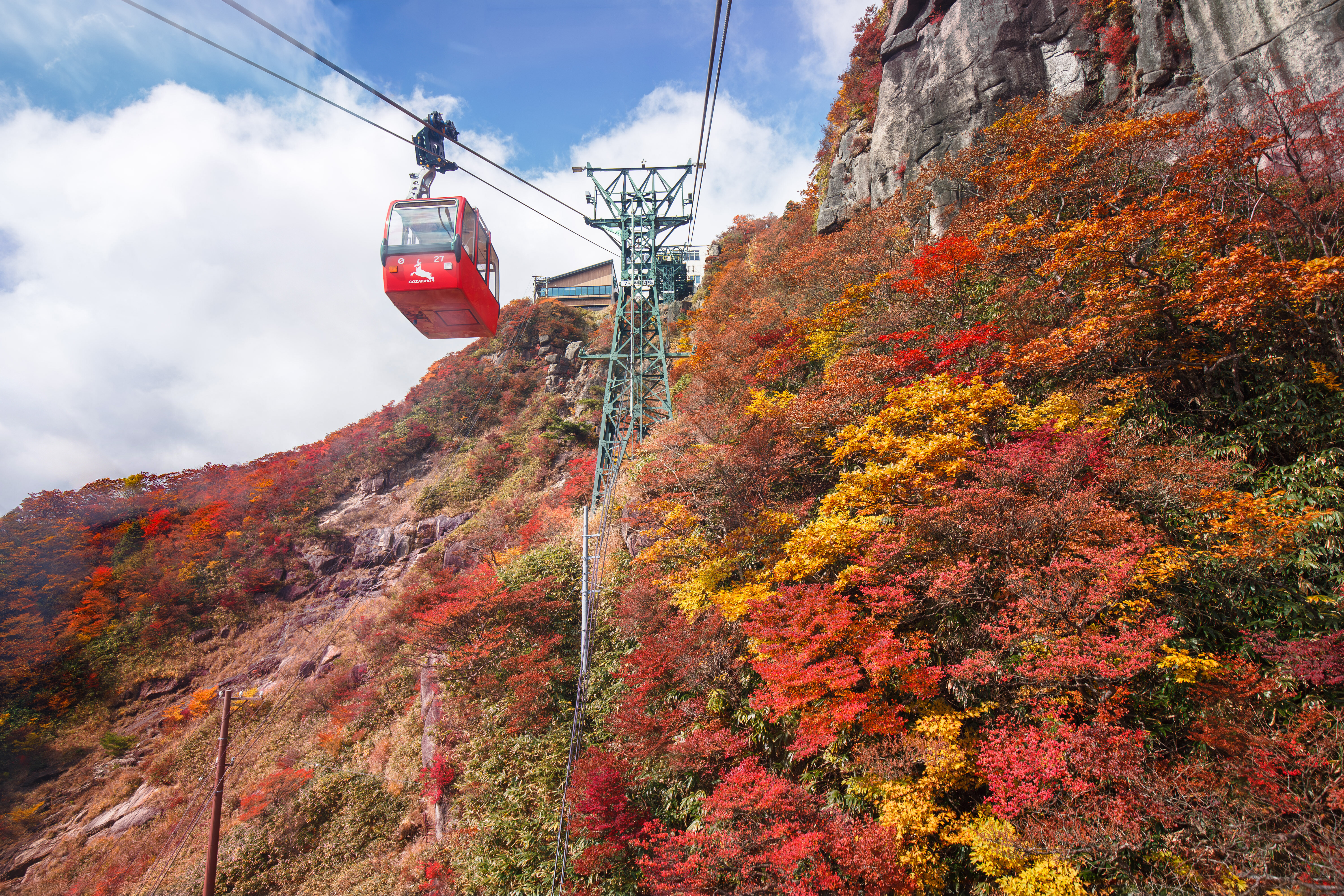 無料壁紙 山上の真っ赤な紅葉。PCとデスクトップ壁紙に最適な4K高画質の無料壁紙。三重県菰野町の御在所ロープウエイで撮影したフリー写真素材