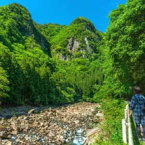 無料壁紙 夫婦山を眺める。PCとデスクトップ壁紙に最適な4K高画質の無料壁紙。三重県名張市の香落渓で撮影したフリー写真素材