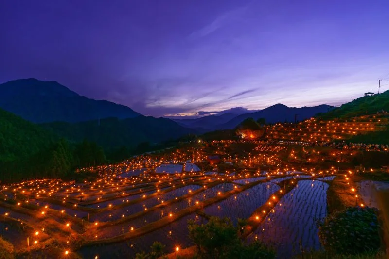 無料壁紙 虫送り行事。1340本のローソク。PCとデスクトップ壁紙に最適な4K高画質の無料壁紙。三重県熊野市の丸山千枚田で撮影したフリー写真素材