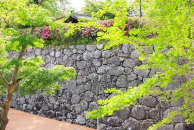 無料壁紙 新緑の石垣とツツジ。PCとデスクトップ壁紙に最適な4K高画質の無料壁紙。三重県松阪市の松坂城跡で撮影したフリー写真素材