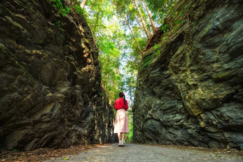 無料壁紙 切通しで立ち止まる女性。PCとデスクトップ壁紙に最適な4K高画質の無料壁紙。三重県松阪市の珍布峠で撮影したフリー写真素材