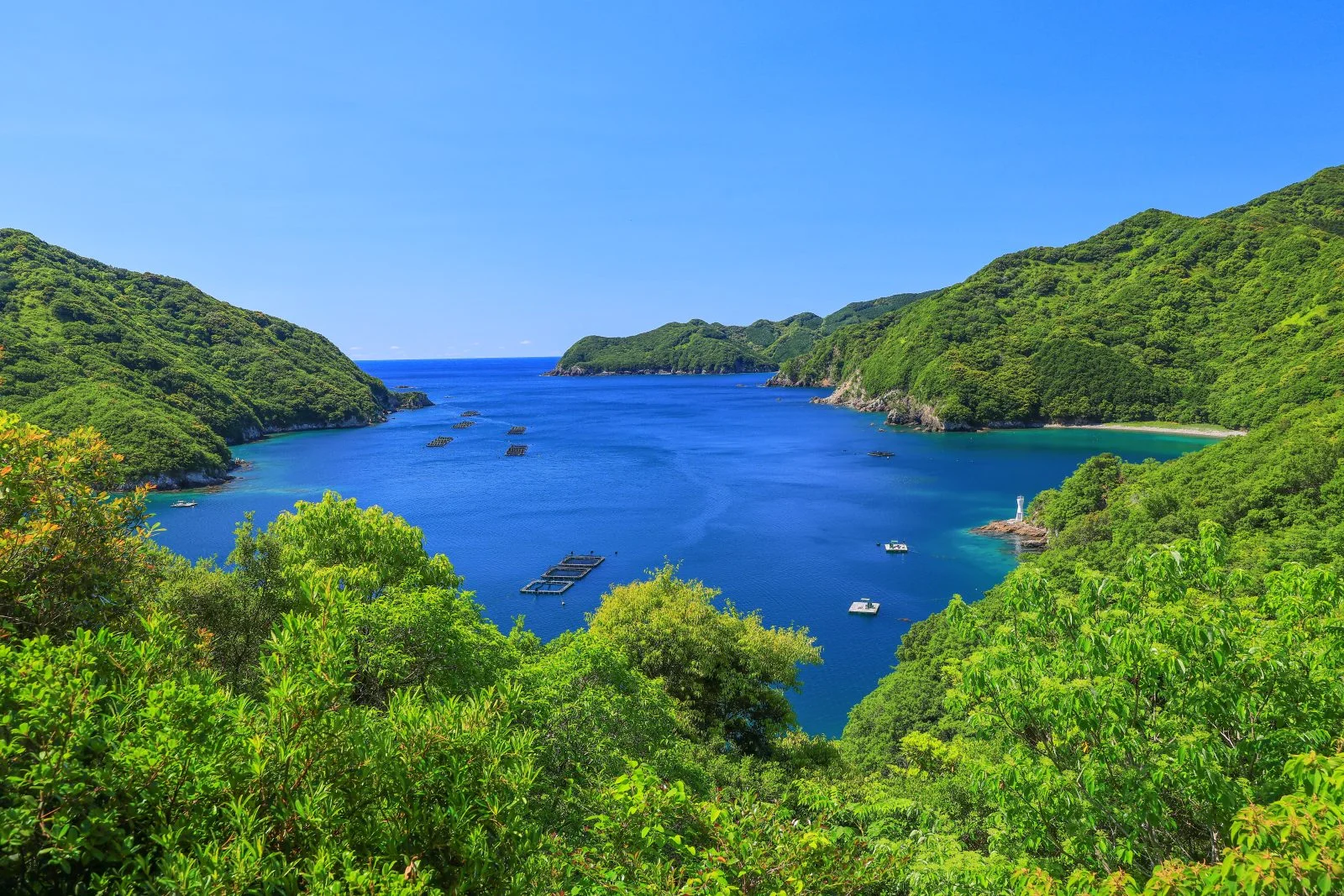 無料壁紙 青い海のリアス海岸。PCとデスクトップ壁紙に最適な4K高画質の無料壁紙。三重県南伊勢町のニラハマ展望台で撮影したフリー写真素材