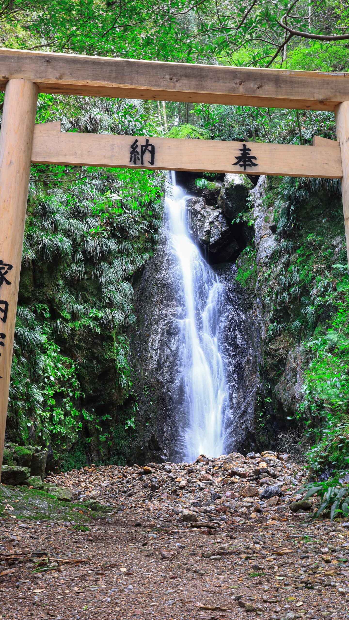 白滝の前に建つ鳥居(三重県南伊勢町・押渕白滝)