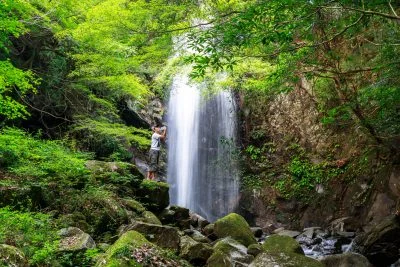 無料壁紙 伊賀の天然水を滝で飲むサイト管理人。PCとデスクトップ壁紙に最適な4K高画質の無料壁紙。三重県伊賀市の白藤滝で撮影したフリー写真素材