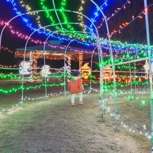 無料壁紙 光のトンネルを歩く子供。PCとデスクトップ壁紙に最適な4K高画質の無料壁紙。三重県紀宝町の光の祭典 in 紀宝で撮影したフリー写真素材