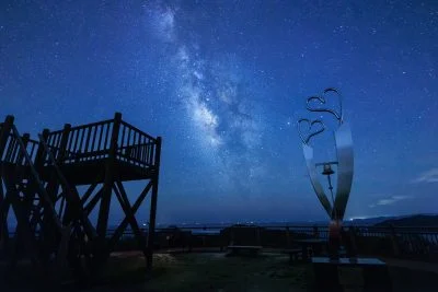 無料壁紙 夏の天の川を展望台から眺める。PCとデスクトップ壁紙に最適な4K高画質の無料壁紙。三重県南伊勢町の見江島展望台で撮影したフリー写真素材