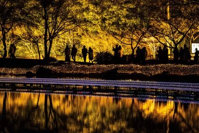 無料壁紙 池の水面に映るイルミネーション。PCとデスクトップ壁紙に最適な4K高画質の無料壁紙。三重県桑名市のなばなの里で撮影したフリー写真素材