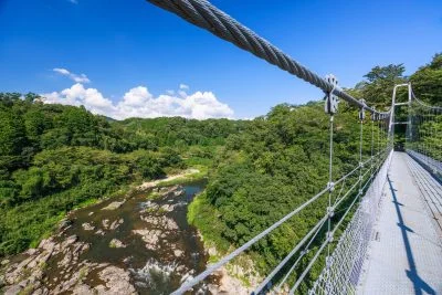 無料壁紙 岩倉峡しあん橋から眺める木津川。PCとデスクトップ壁紙に最適な4K高画質の無料壁紙。三重県伊賀市の岩倉峡公園で撮影したフリー写真素材