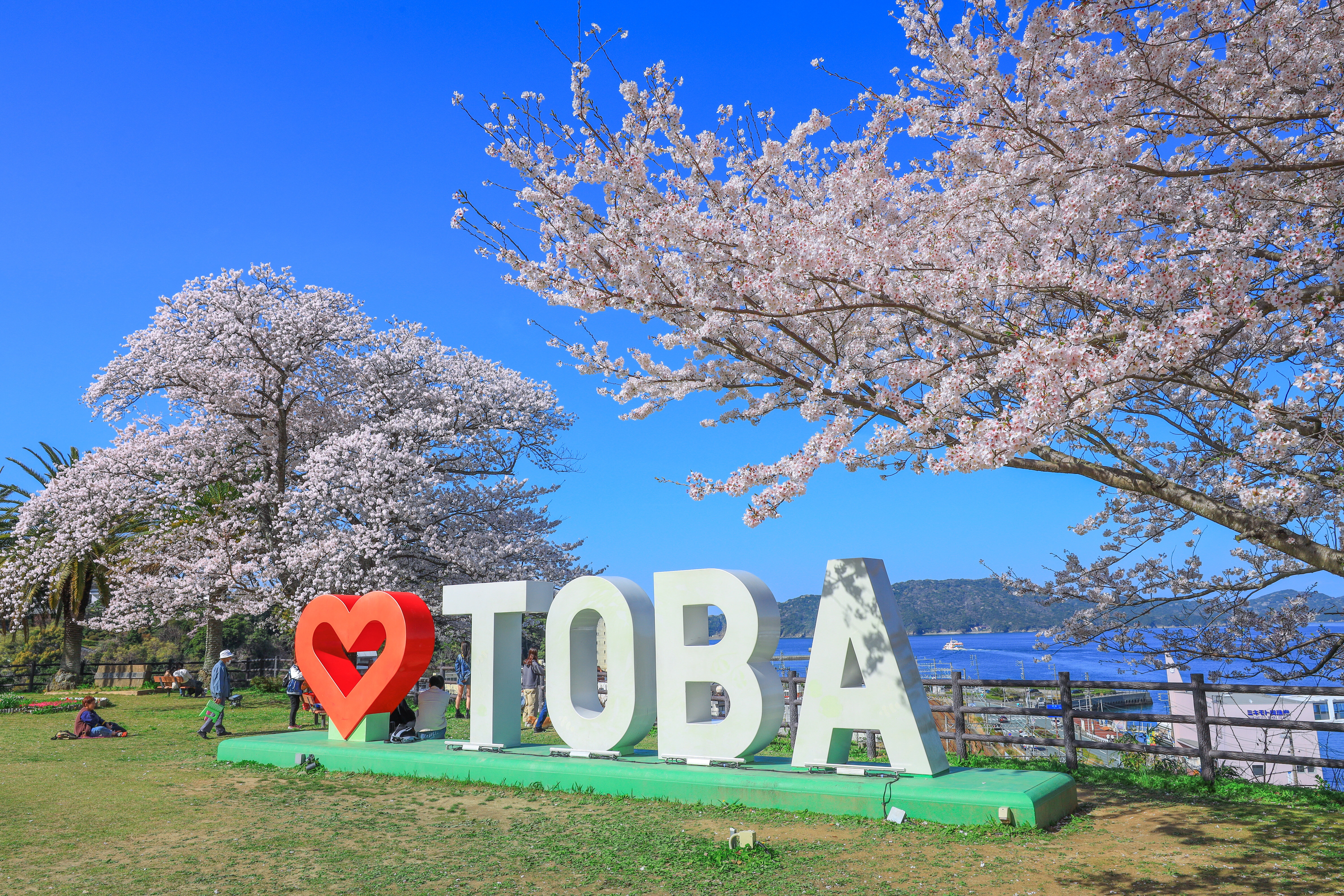 無料壁紙 ハートTOBAのモニュメントと桜。PCとデスクトップ壁紙に最適な4K高画質の無料壁紙。三重県鳥羽市の城山公園(鳥羽城跡)で撮影したフリー写真素材