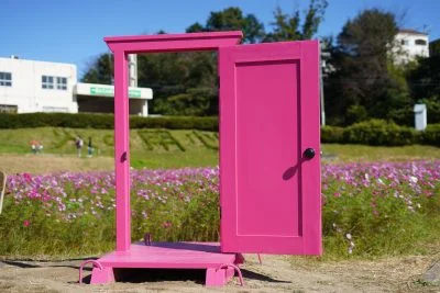 無料壁紙 どこでもドアとコスモス。PCとデスクトップ壁紙に最適な4K高画質の無料壁紙。三重県津市のとことめの里 一志で撮影したフリー写真素材