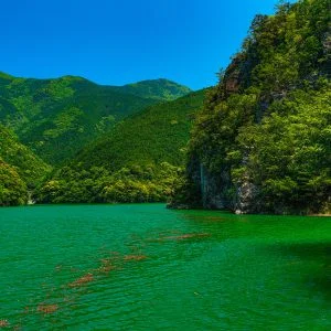 無料壁紙 大杉谷の新緑。PCとデスクトップ壁紙に最適な4K高画質の無料壁紙。三重県大台町の宮川ダム湖観光船で撮影したフリー写真素材