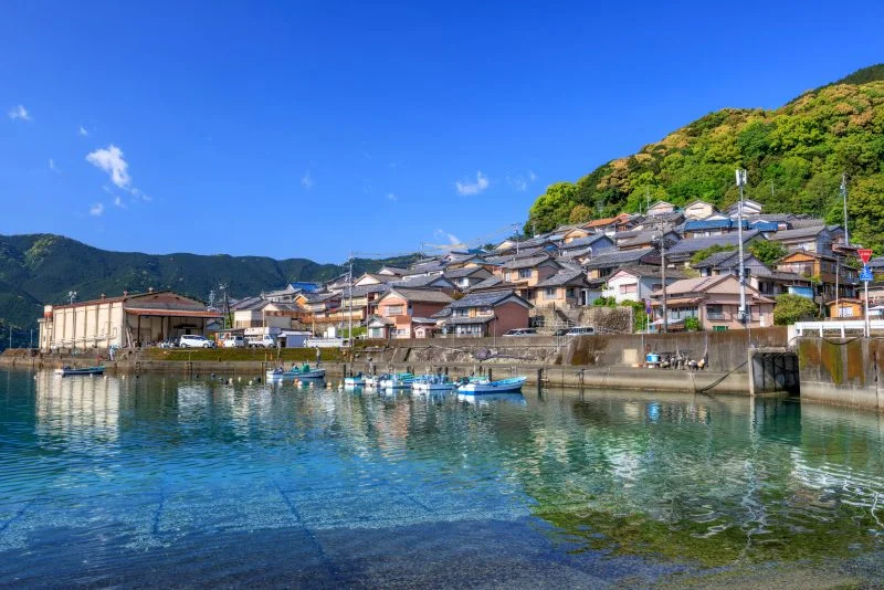 無料壁紙 新緑に輝く町並み。PCとデスクトップ壁紙に最適な4K高画質の無料壁紙。三重県尾鷲市の古江町で撮影したフリー写真素材