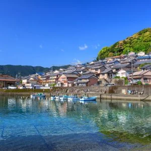 無料壁紙 新緑に輝く町並み。PCとデスクトップ壁紙に最適な4K高画質の無料壁紙。三重県尾鷲市の古江町で撮影したフリー写真素材