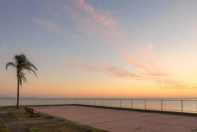 無料壁紙 遊歩道にあるヤシの木とベンチと朝焼け。PCとデスクトップ壁紙に最適な4K高画質の無料壁紙。三重県津市の津エアポートラインで撮影したフリー写真素材