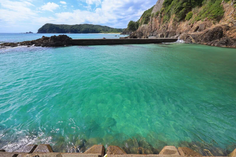川の水が混ざる淡水エリア。突堤から撮影（三重県志摩市・南張海浜公園）
