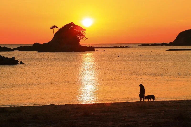 無料壁紙 ゴジラと夕陽を眺めながら犬の散歩をする人。PCとデスクトップ壁紙に最適な4K高画質の無料壁紙。三重県志摩市のあづり浜で撮影したフリー写真素材
