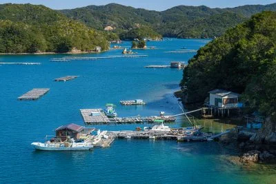 無料壁紙 真珠養殖の筏。PCとデスクトップ壁紙に最適な4K高画質の無料壁紙。三重県南伊勢町の親子大橋で撮影したフリー写真素材