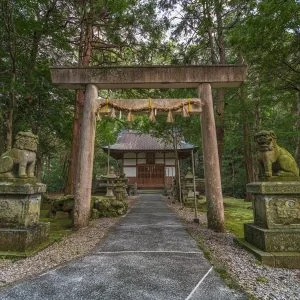 無料壁紙 九木神社の鳥居と狛犬。PCとデスクトップ壁紙に最適な4K高画質の無料壁紙。三重県尾鷲市の九鬼町で撮影したフリー写真素材