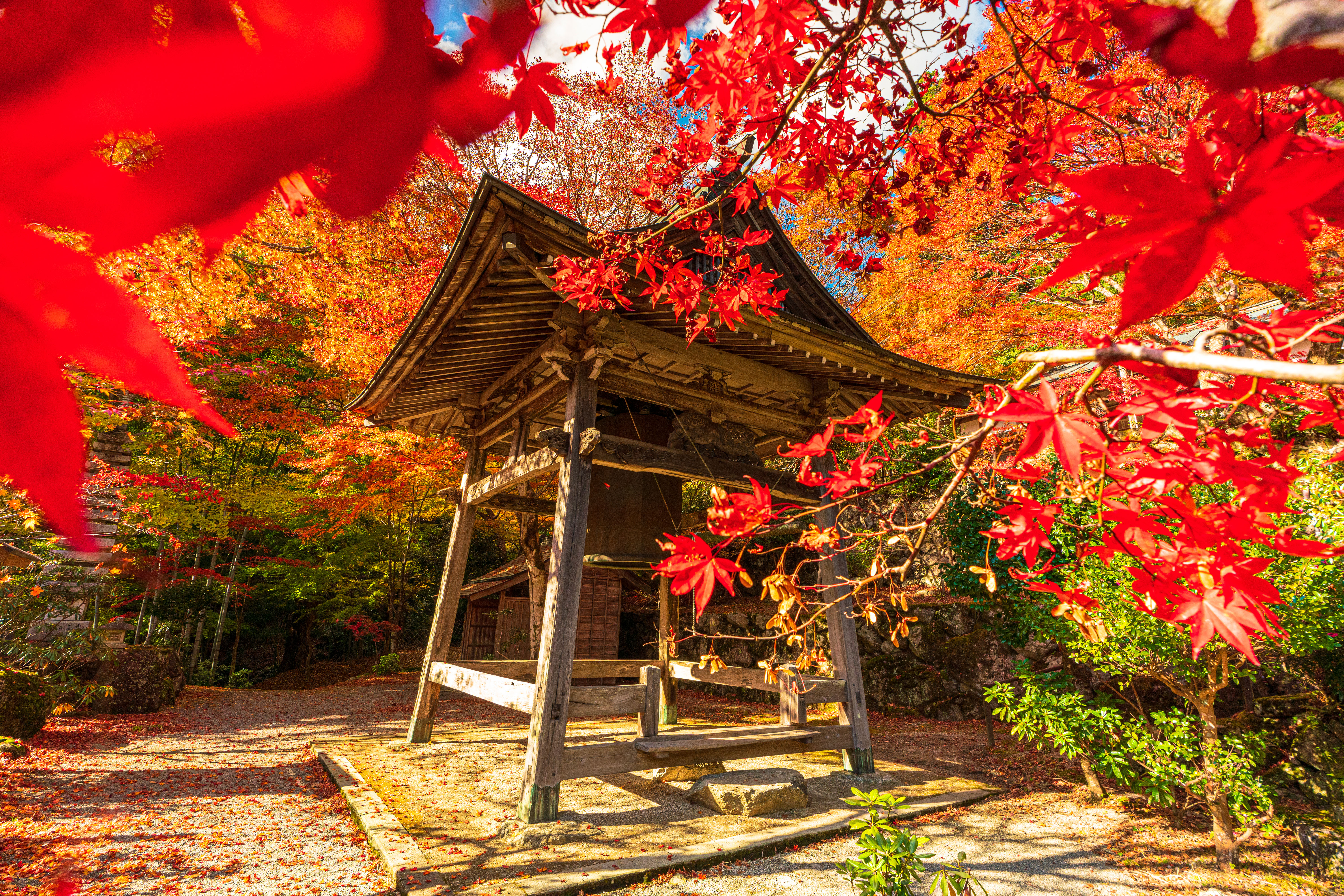 無料壁紙 紅葉に包まれた八角銅鐘。PCとデスクトップ壁紙に最適な4K高画質の無料壁紙。三重県松阪市の天開山泰運寺で撮影したフリー写真素材