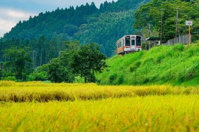 無料壁紙 伊勢鎌倉駅と稲穂。PCとデスクトップ壁紙に最適な4K高画質の無料壁紙。三重県鉄道の名松線で撮影したフリー写真素材