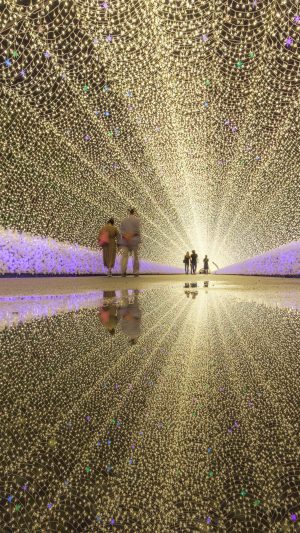 水鏡な光のトンネルを歩く人