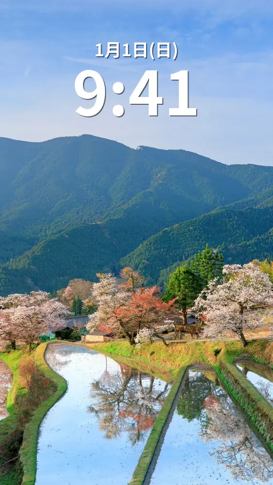 無料スマホ壁紙 朝日が当たる棚田。AndroidとiPhoneに対応した4K高画質の無料待ち受け画像。三重県津市の三多気の桜で撮影したフリー写真素材