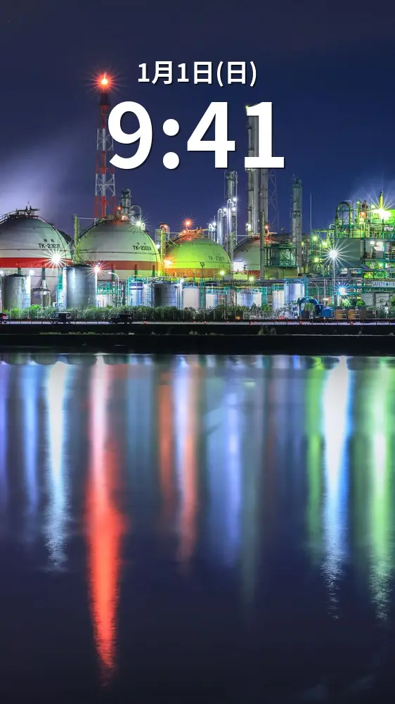 無料スマホ壁紙 工場夜景リフレクション。AndroidとiPhoneに対応した4K高画質の無料待ち受け画像。三重県四日市市の霞ヶ浦緑地公園で撮影したフリー写真素材