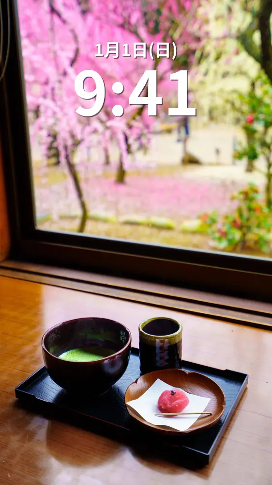 無料スマホ壁紙 眺梅亭からの眺め。AndroidとiPhoneに対応した4K高画質の無料待ち受け画像。三重県津市の結城神社の梅苑で撮影したフリー写真素材