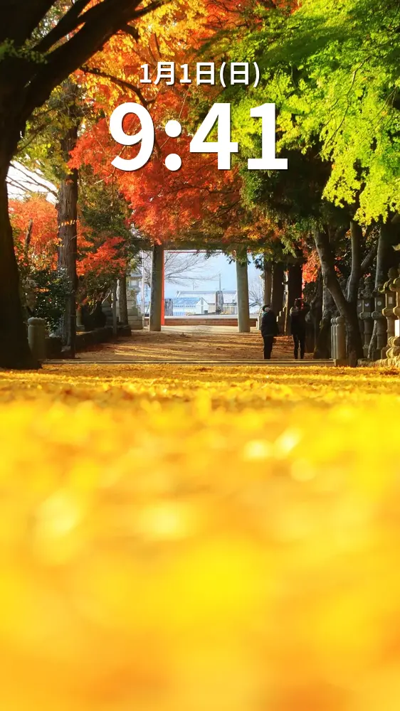 無料スマホ壁紙 黄金に輝く銀杏と紅葉の参道。AndroidとiPhoneに対応した4K高画質の無料待ち受け画像。三重県名張市の積田神社で撮影したフリー写真素材