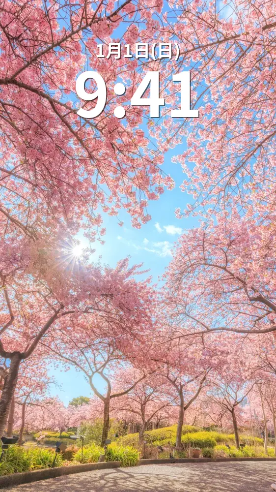 運気が上がる待ち受け ハートの河津桜が見える通路。AndroidとiPhoneに対応した4K高画質の無料スマホ壁紙。三重県桑名市のなばなの里で撮影したフリー写真素材