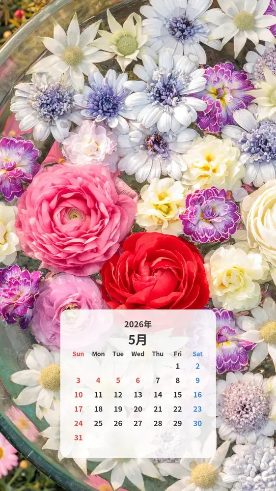 おしゃれなバラの花手水のカレンダー壁紙